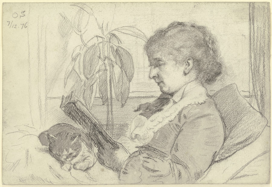 Luise Scholderer lesend mit Katze od Otto Scholderer