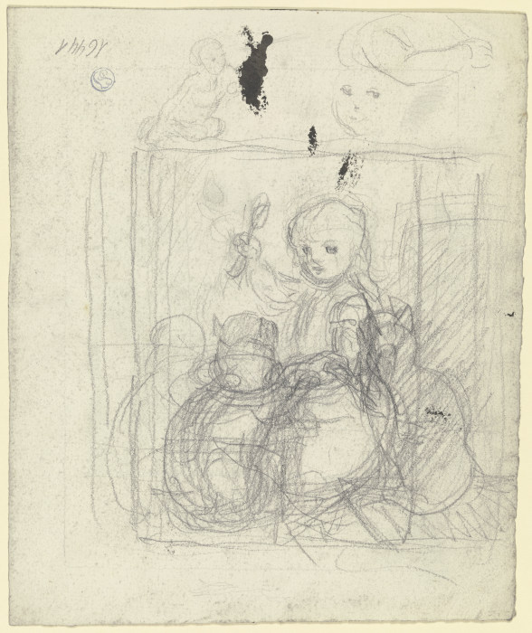 Miezes Frühstück und Skizzen eines Kindes, eines Armes und eines Kopfes od Otto Scholderer