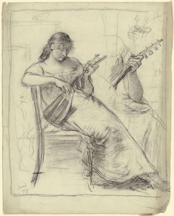 Sitzende junge Frau, Mandoline spielend od Otto Scholderer