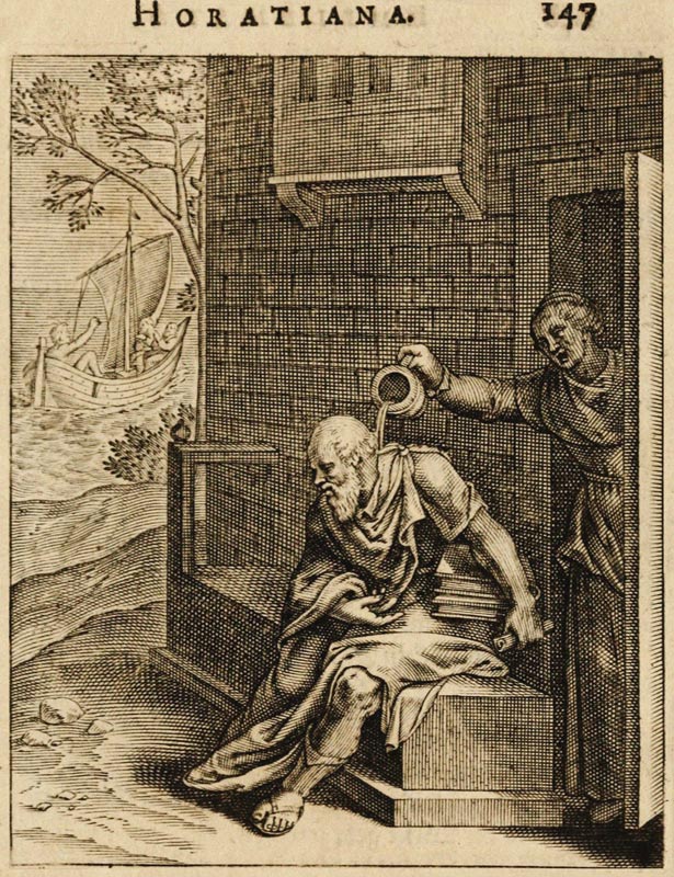 Xanthippe emptying a chamber pot over Socrates. (From Emblemata Horatiana) od Otto van Veen