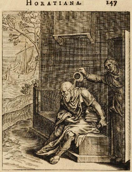 Xanthippe emptying a chamber pot over Socrates. (From Emblemata Horatiana)