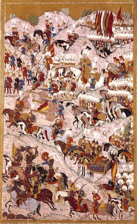 TSM H.1524 'Hunername' manuscript: Suleyman the Magnificent (1494-1566) at the Battle of Mohacs in 1 od Ottoman School