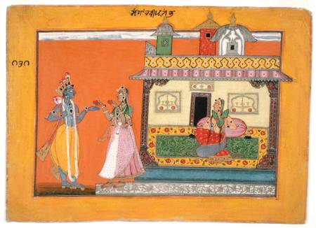 Krishna arriving at Radha's house, illustration from a manuscript of the 'Rasamanjari' of Bhanudatta od Pahari School