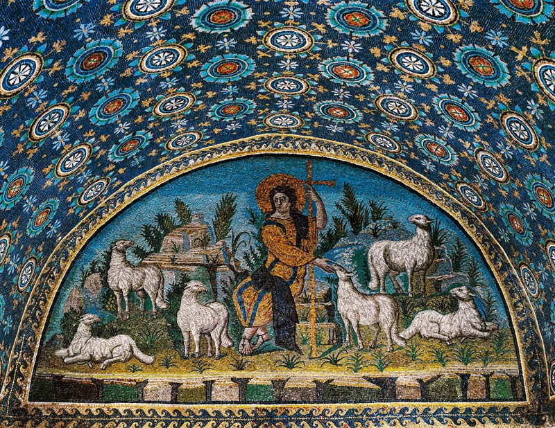 Der gute Hirte, Mosaik der Lünette über der Eingangstür des Mausolee der Galla Placidia, um 425 (Mos od Paleo-Christian
