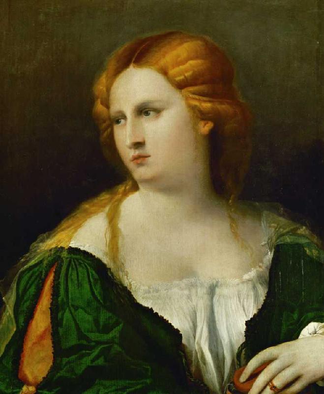 Junge Frau in grünem Kleid mit einer Schachtel in der Hand od Palma il Vecchio (eigentl. Jacopo Negretti)