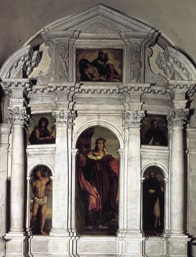 Heilige Barbara zwischen den Heiligen Sebastian und Antonius od Palma il Vecchio (eigentl. Jacopo Negretti)