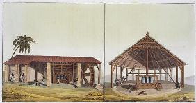 Slaves at work in the sugarmills, Antilles (colour engraving)