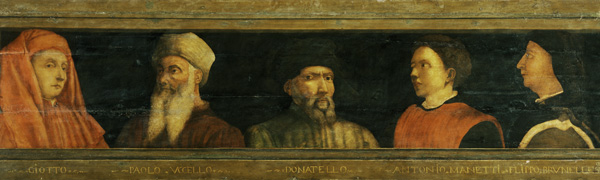  Portraits of Giotto (c.1266-1337) Uccello, Donatello (c.1386-1466) Manetti (c.1405-60) and Brunelle od Paolo Uccello