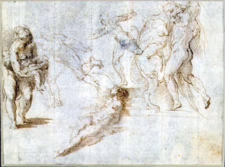 Figure Studies: Woman Holding a Baby; Man Pursued by Another; Nude Woman Lying on Ground; Hercules a od Parmigianino