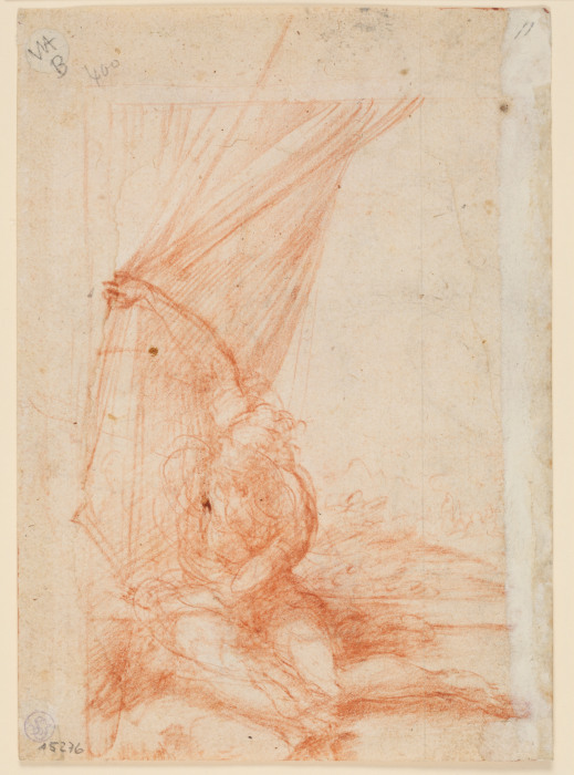 Sitzende Gestalt, die einen Vorhang beiseite schiebt od Parmigianino