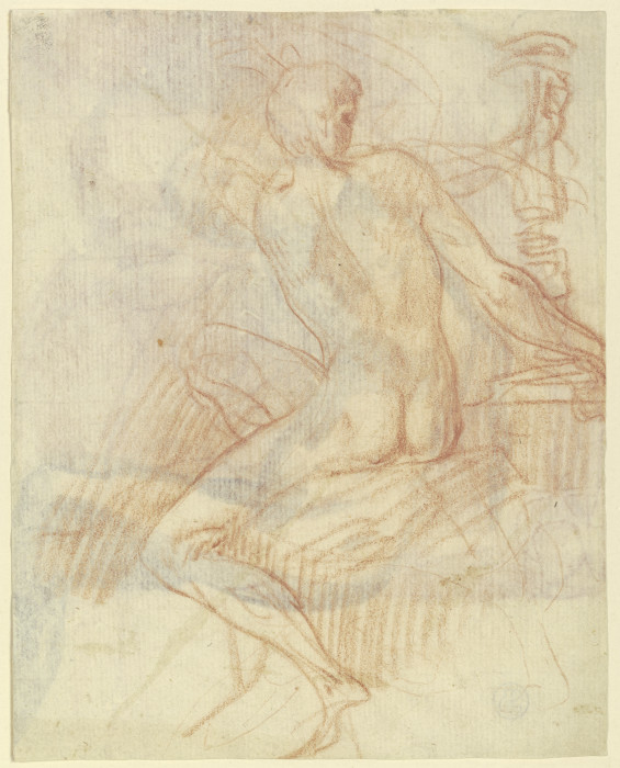 Sitzender männlicher Akt nach links, zurückgewandt einen hinter ihm stehenden Kandelaber haltend od Parmigianino