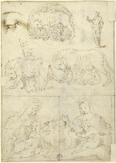 Studienblatt: Wölfin mit Romulus und Remus sowie Madonna