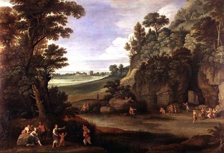 Arcadian landscape with satyrs and nymphs (panel) od Paul Brill or Bril