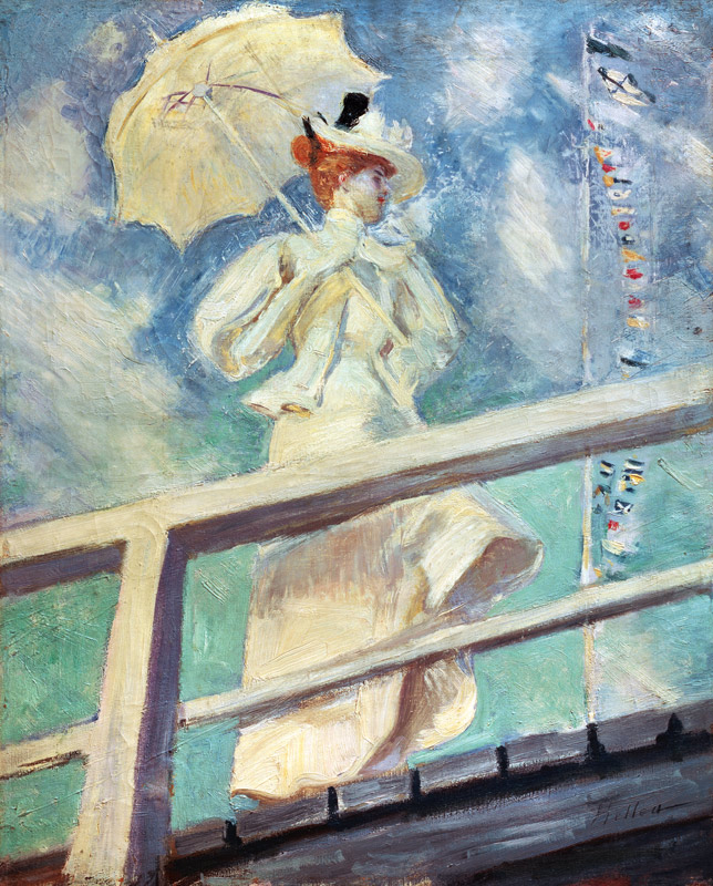 Frau in weißem Kleid mit Sonnenschirm od Paul César François Helleu