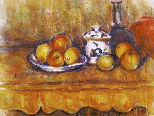 Quiet life with blue bottle's and sugar bowl's watercolour painting od Paul Cézanne