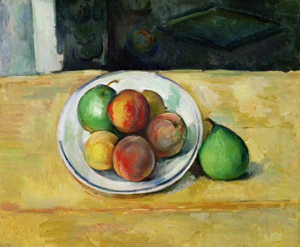 Zátiší s broskví a dvěma zelenými hruškami od Paul Cézanne