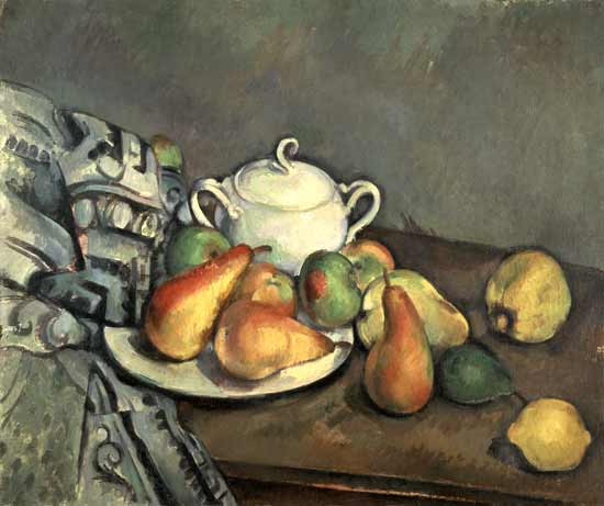 Quiet life with sugar bowl, pears and tablecloth od Paul Cézanne