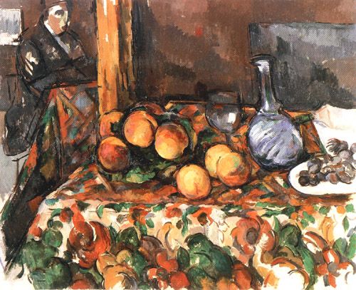 Still life with peaches, carafe and figure od Paul Cézanne