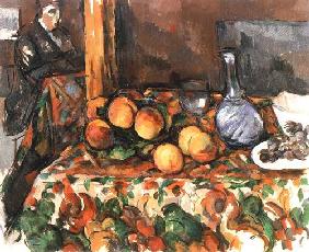 Still life with peaches, carafe and figure
