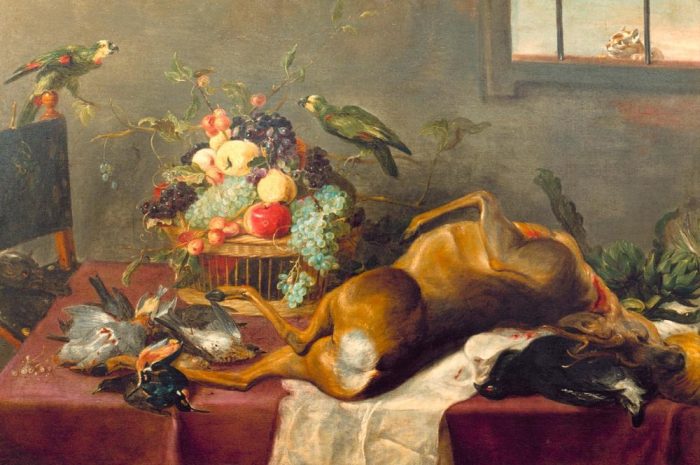 Hunting Still Life with Killed Stag, Fruit Basket, Winged G od Paul de Vos