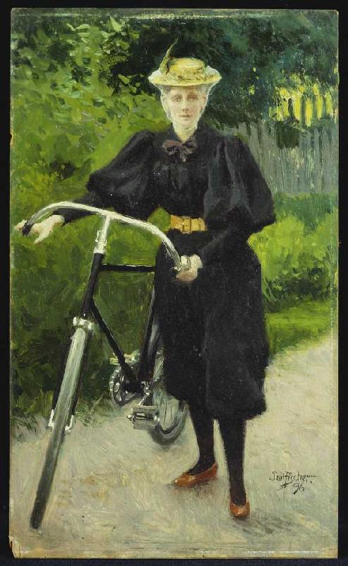 Eine Dame mit Fahrrad od Paul Fischer