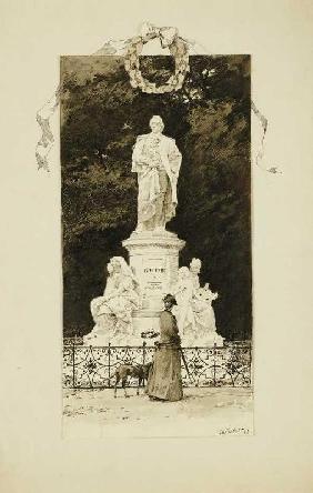 Elegante Dame vor einem Goethe-Denkmal