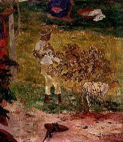 Negro boy with goat on Tahiti. (detail from Conversation Tropiques) od Paul Gauguin