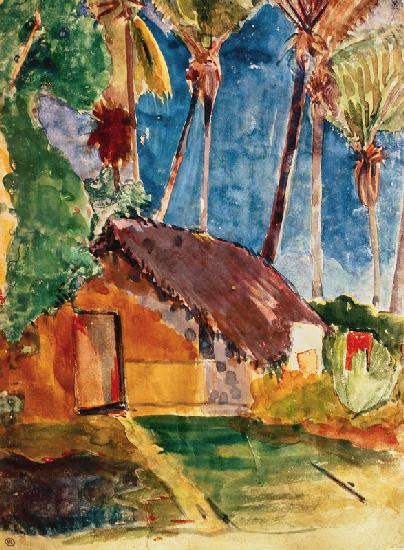 Thatched hut under palms (illustration from Noa Noa)
