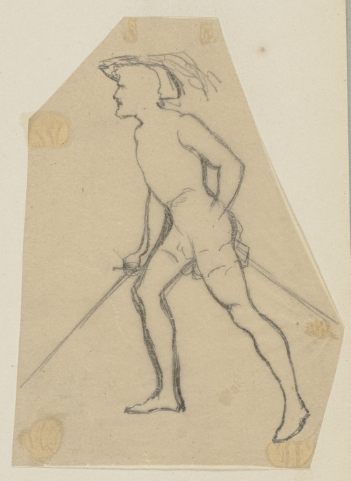 Demetrius mit Hut, gezogenem Schwert und weit ausfallendem Schritt, nach links od Paul Konewka