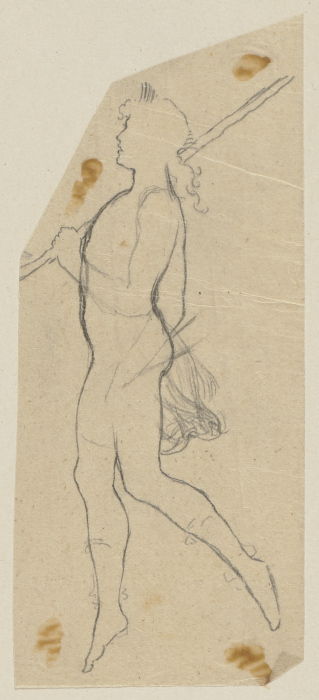 Oberon, in der linken Hand die Lanze haltend, nackt und schwebend, nach links od Paul Konewka