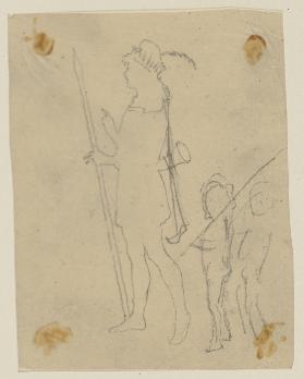 Oberon mit Lanze und Jagdhorn, stehend, nach links, begleitet von zwei Elfenkindern