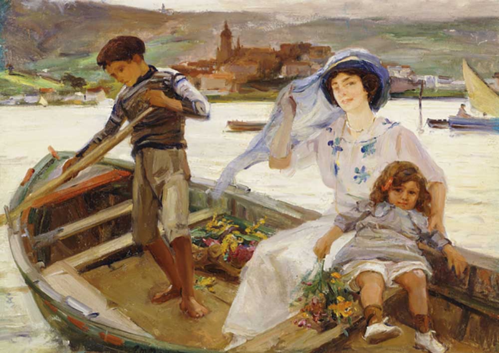 A Mother and Child being Ferried across a River with a Town Beyond, 1913 od Paul Michel Dupuy