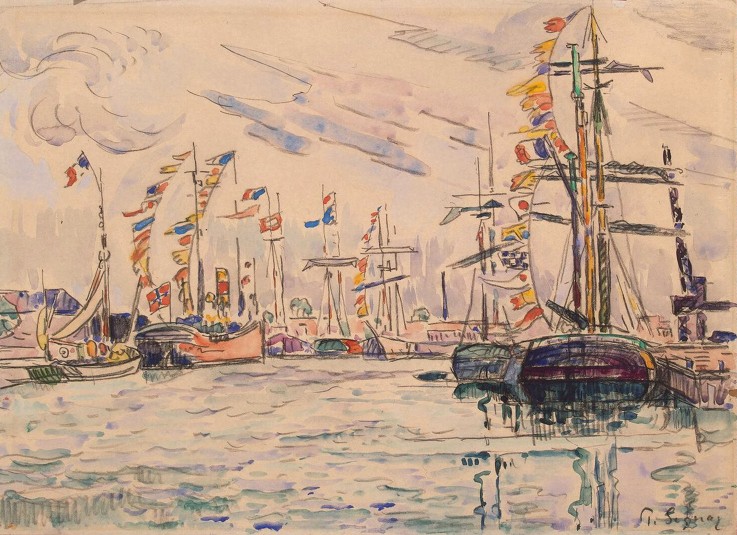 Sailboats with Holiday Flags at a Pier in Saint-Malo od Paul Signac