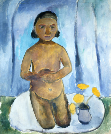 Kniendes child in front of a blue curtain od Paula Modersohn-Becker