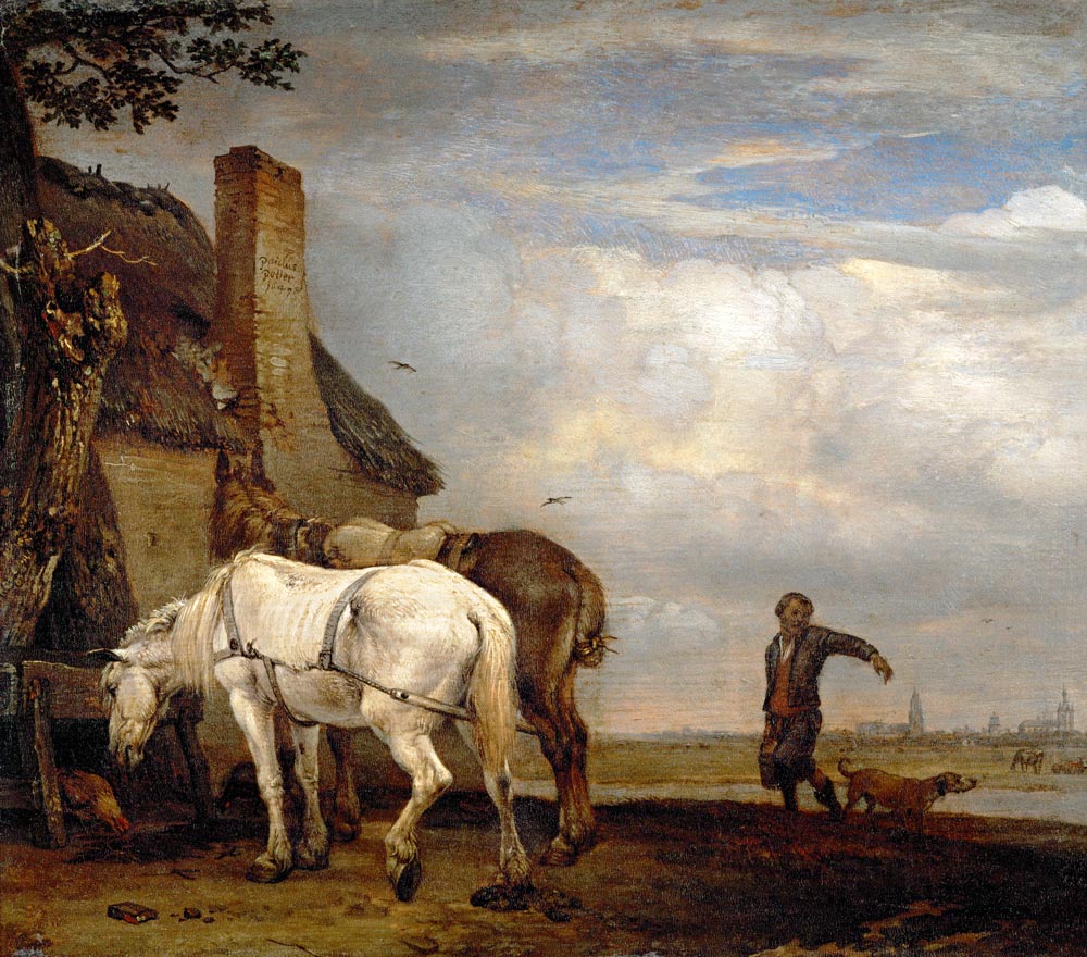 Two horses outside a farmhouse od Paulus Potter