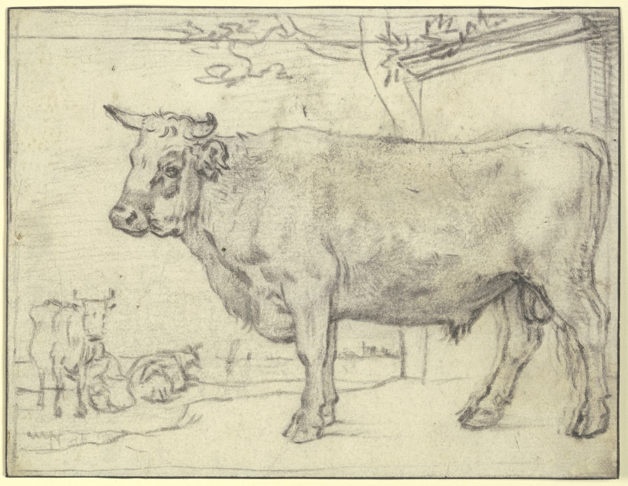 Stier nach links, hinten zwei Kühe und eine Melkerin od Paulus Potter