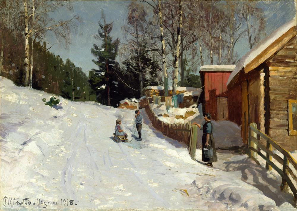 Children Playing in a Snowy Village Lane od Peder Moensted