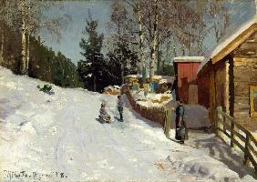 Children Playing in a Snowy Village Lane