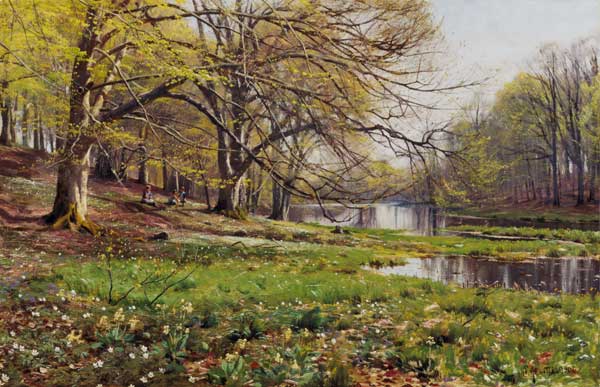 Riverside in spring with playing children od Peder Moensted