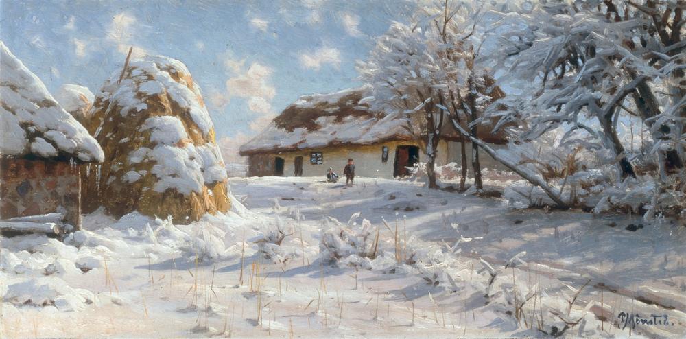 Village scene in snow with children tobogganing od Peder Moensted