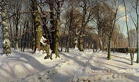 Snow-covered winter woods in the sunlight. od Peder Moensted