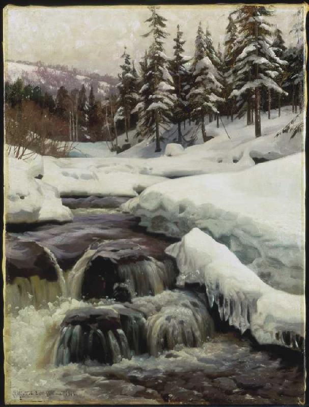 Winter landscape with mountain stream (Lillehammer) od Peder Moensted
