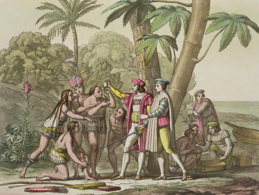 Christopher Columbus (1451-1506) with Native Americans, from 'Le Costume Ancien et Moderne', Volume od Pelagio Palaggi