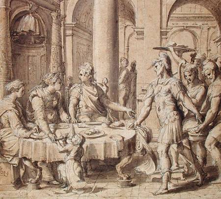 The Banquet of Dido and Aeneas, model for a tapestry in the Story of Aeneas series od Perino del Vaga