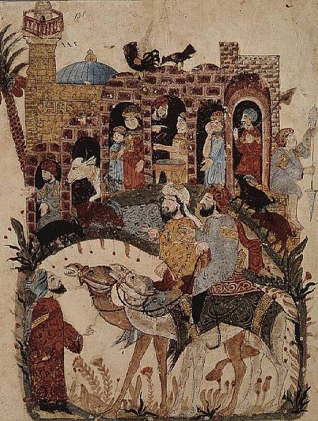 Ar 5847 f.138 Abu Zayd and Al-Harith questioning villagers from 'The Maqamat' (The Meetings) by Al-H od Persian School