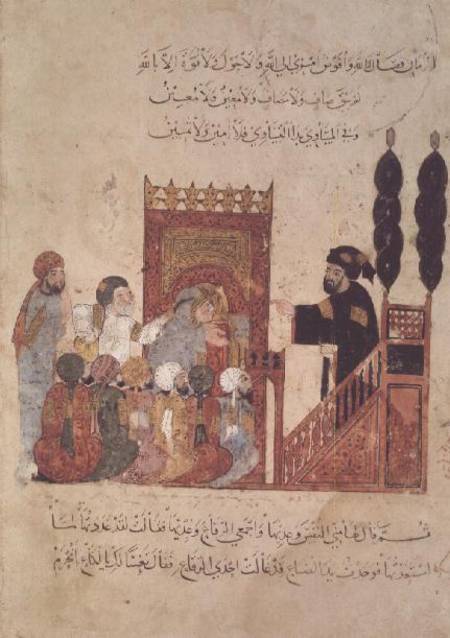Ms Ar 5847 f.18v Abou Zayd preaching in the Mosque, from 'Al Maqamat' The Meetings) by Al-Hariri od Persian School
