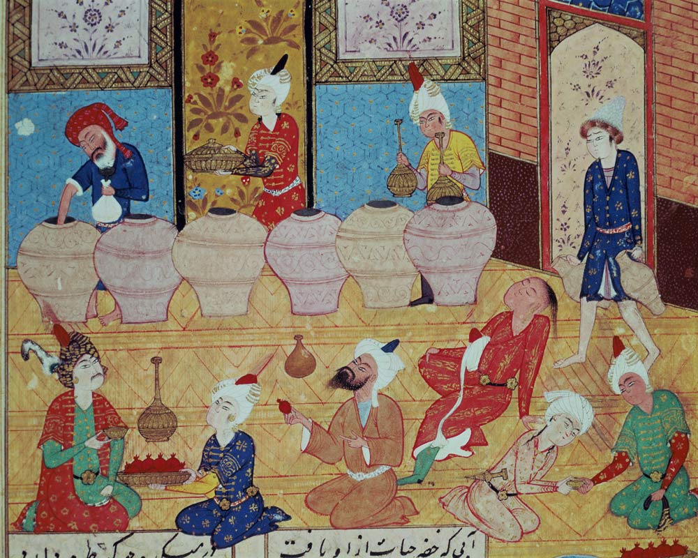 Fol.33v, Detail of a banquet with musicians, from a book of poems Hafiz Shirazi (c.1325-c.1388) 1554 od Persian School