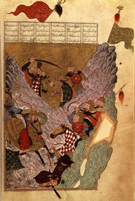 Genghis Khan (c.1162-1227) fighting the Chinese in the mountains, a scene from Ahmad Tabrizi's 'Shah od Persian School