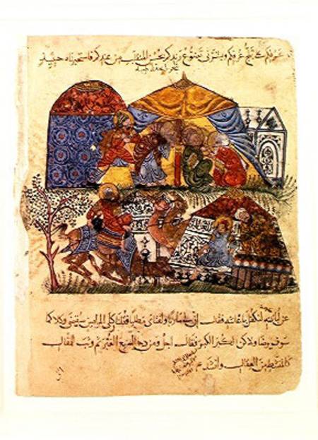 An old man and a young man in front of the tents of the rich pilgrims, from 'The Maqamat' (The Meeti od Persian School