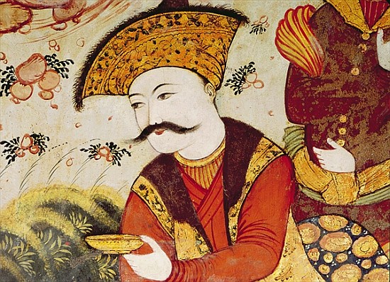 Shah Abbas I (1588-1629) and a Courtier offering fruit and drink (detail of 155563 showing the head  od Persian School